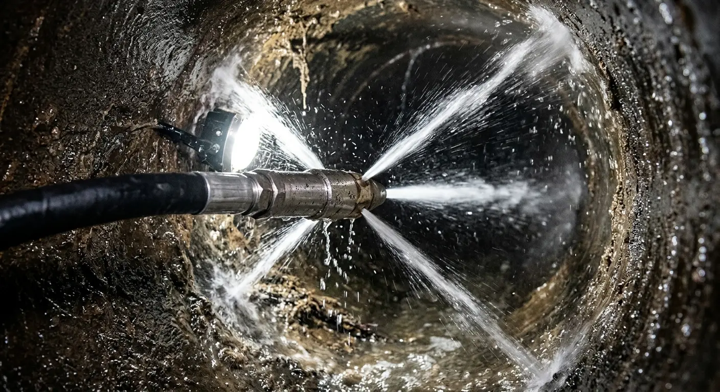 High-pressure hydro jetting nozzle cleaning sewer pipe for Storm Drain Cleaning in Chowchilla