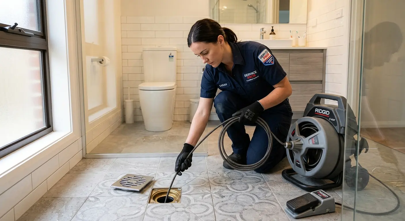 Technician clearing a bathroom floor drain for Sewer Line Replacement in Chowchilla